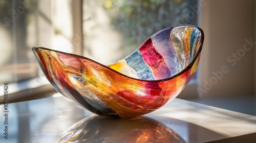 Colorful glass bowl on a white table. photo