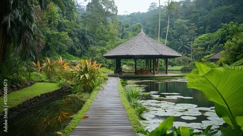 A wooden walkway leads to a hut overlooking a pond.