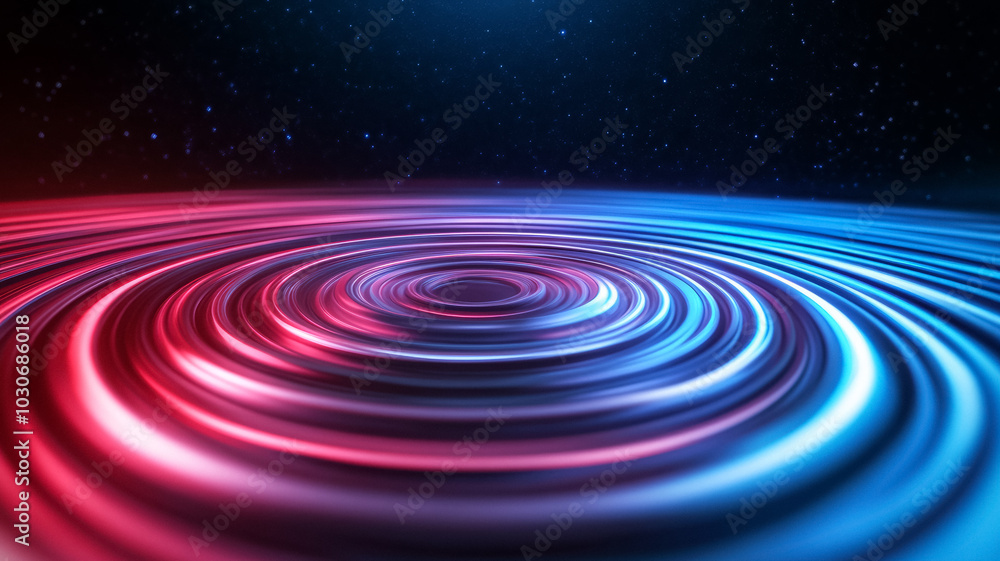 Radiating rings of sound in luminous red and blue glow against the darkness expanding outward like waves through a dark sea of stars Radiating rings of sound in luminous red and blue glow against the darkness expanding outward like waves through a dark sea of stars