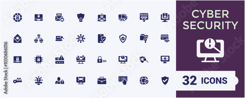 Cyber Security solid icons set. Related to antivirus, spyware, scan, protection and more icon collection. Simple flat symbol pack. Editable filled icons for web and ui. Pixel perfect.