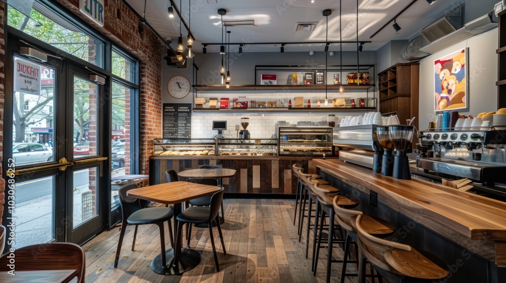 Modern Cafe Interior with Exposed Brick Walls and Wooden Details Modern Cafe Interior with Exposed Brick Walls and Wooden Details