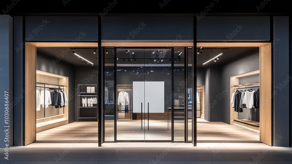 Modern retail store showcasing clothing with minimalist design and inviting entrance. Modern retail store showcasing clothing with minimalist design and inviting entrance.