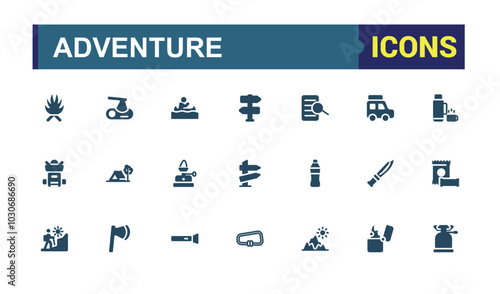 Set of solid Adventure icons set. containing journey, diving, running, jumping and more. Editable filled icon collection. Pixel perfect. Vector illustration.