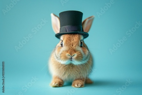 A delightful rabbit with soft fur sits calmly against a turquoise background, sporting a tiny black top hat. Its expressive eyes enhance the whimsical charm of the moment photo