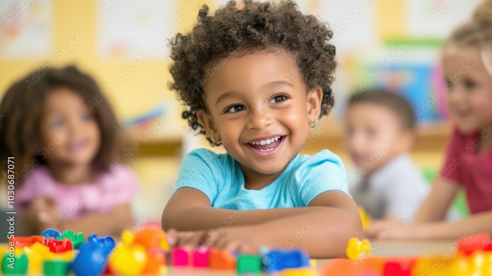 Fototapeta premium Smiling girl playing with colorful toys.