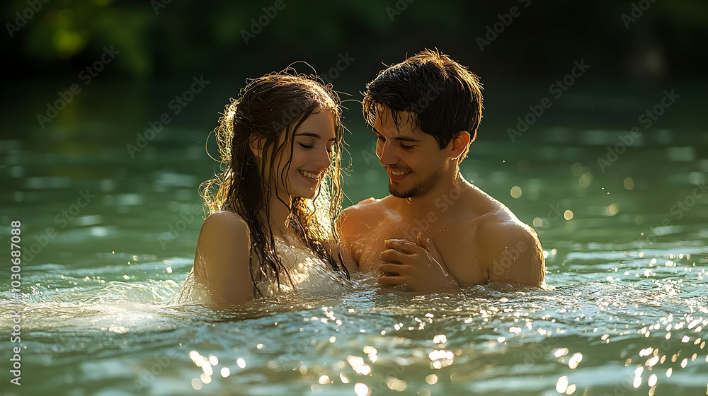 A couple joyfully splashes in a serene, sunlit water setting. A couple joyfully splashes in a serene, sunlit water setting.
