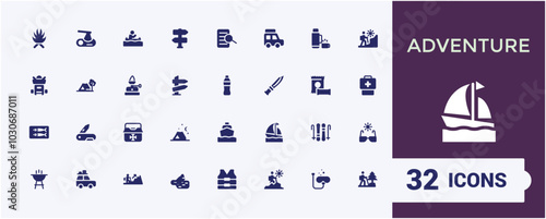 Adventure solid icons set. Related to campfire, snorkeling, climbing, travel and more flat icons pack. Outdoor activity Filled style icon collection. Editable and pixel perfect.