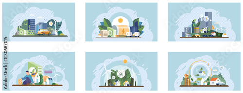 ESG concept. Six scenes showcasing various aspects of environmental and social governance. Ideal for sustainable urban development, clean energy, green transportation, community engagement, corporate