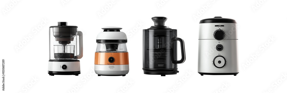 Set of Various White and Black Kitchen Appliances Isolated on a Transparent Background