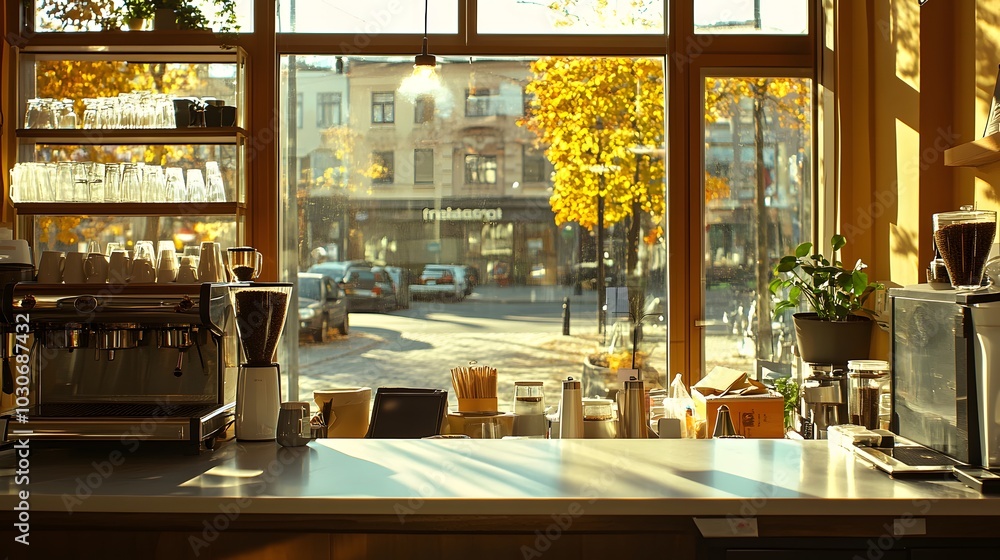 23. An empty counter in a cafe with a view of a sunny street 23. An empty counter in a cafe with a view of a sunny street