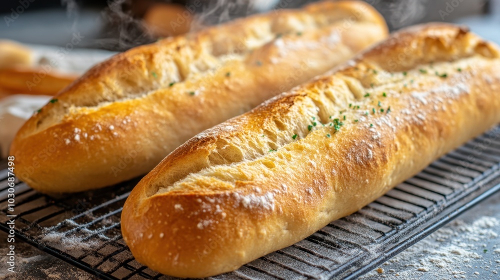 Fresh French bread, steaming hot with a golden crust, cooling on a wire rack with a rustic kitchen background. Fresh French bread, steaming hot with a golden crust, cooling on a wire rack with a rustic kitchen background.