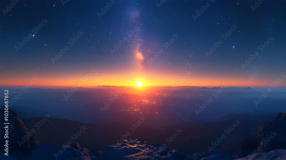 Obraz premium Stunning sunrise over a mountainous landscape with starry sky.