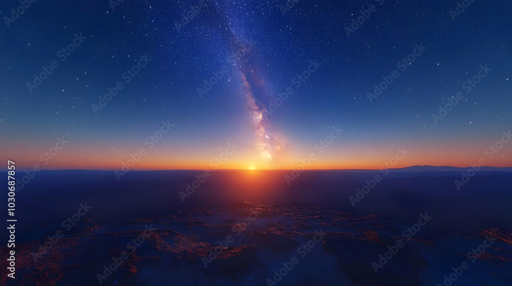 A breathtaking view of the Milky Way at sunrise over a landscape. A breathtaking view of the Milky Way at sunrise over a landscape.