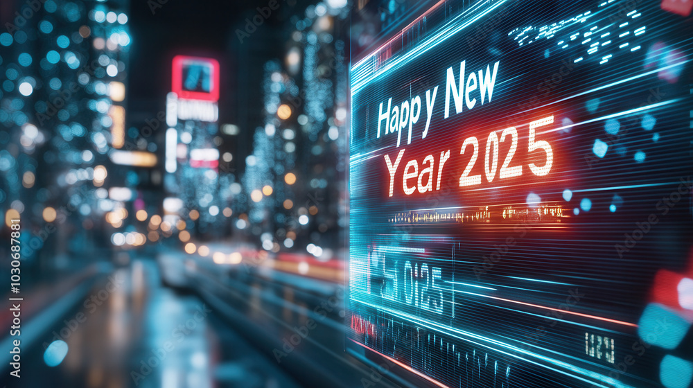 Happy New Year 2025 is displayed on vibrant digital screen amidst bustling cityscape, capturing excitement of New Years Eve celebrations. bright lights and festive atmosphere create sense of joy and Happy New Year 2025 is displayed on vibrant digital screen amidst bustling cityscape, capturing excitement of New Years Eve celebrations. bright lights and festive atmosphere create sense of joy and