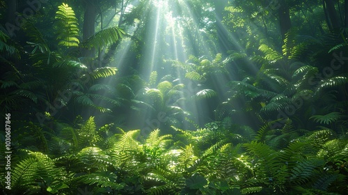 A lush green forest with sunlight filtering through the trees, representing environmental conservation and the need to preserve natural habitats for biodiversity. Realistic photo. High resolution