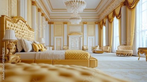 Wide shot of an opulent golden bedroom with high ceilings, crystal chandelier, goldaccented furniture, and plush bedding, luxury bedroom, spacious elegance photo