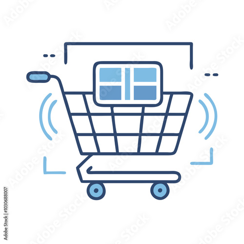 VR shopping cart for virtual retail in line art style.