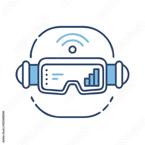 Virtual reality headset with data display in line art style.