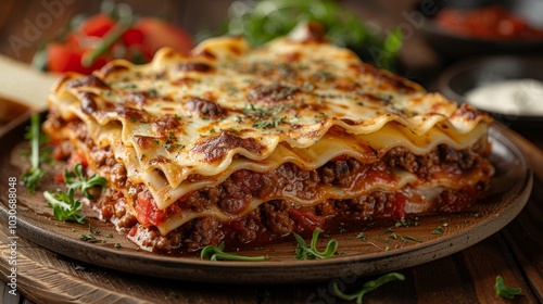 Delicious Homemade Lasagna with Layers of Pasta, Meat Sauce, and Cheese on Wooden Table