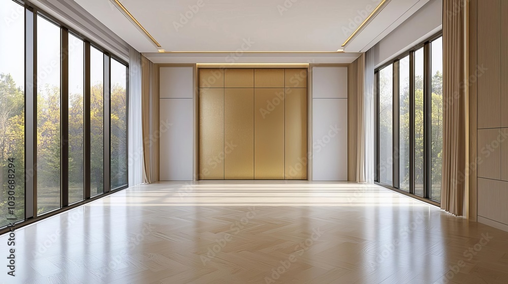 Fototapeta premium Wideangle shot of luxury golden bedroom, minimalist style with gold highlights, large windows, and warm tones, modern elegance, golden spacious bedroom