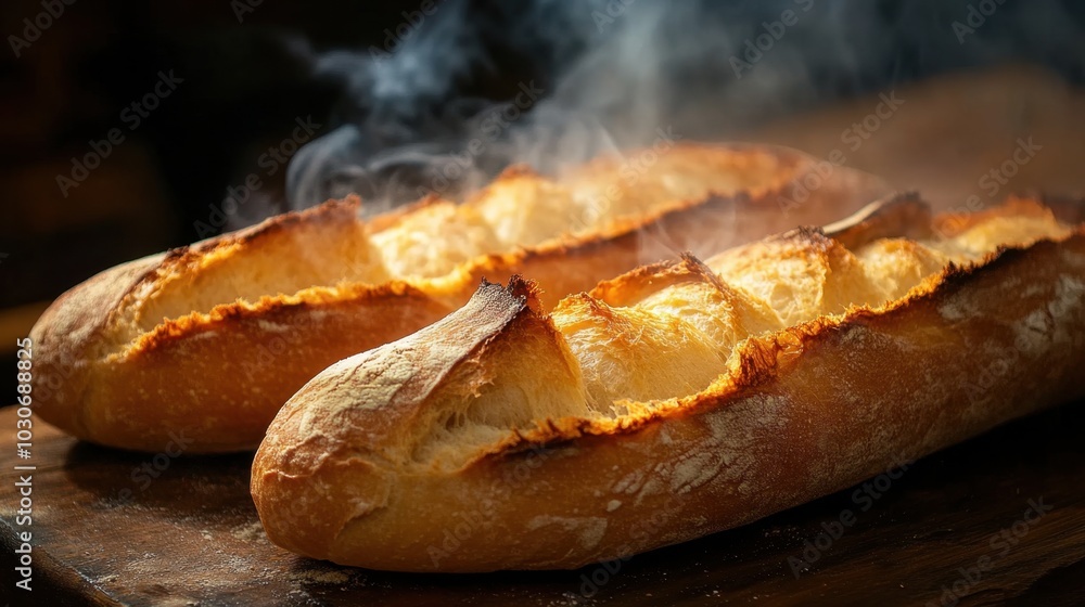 Freshly baked French bread, steaming and golden brown, just pulled from a rustic stone oven with smoke rising in a cozy bakery setting. Freshly baked French bread, steaming and golden brown, just pulled from a rustic stone oven with smoke rising in a cozy bakery setting.
