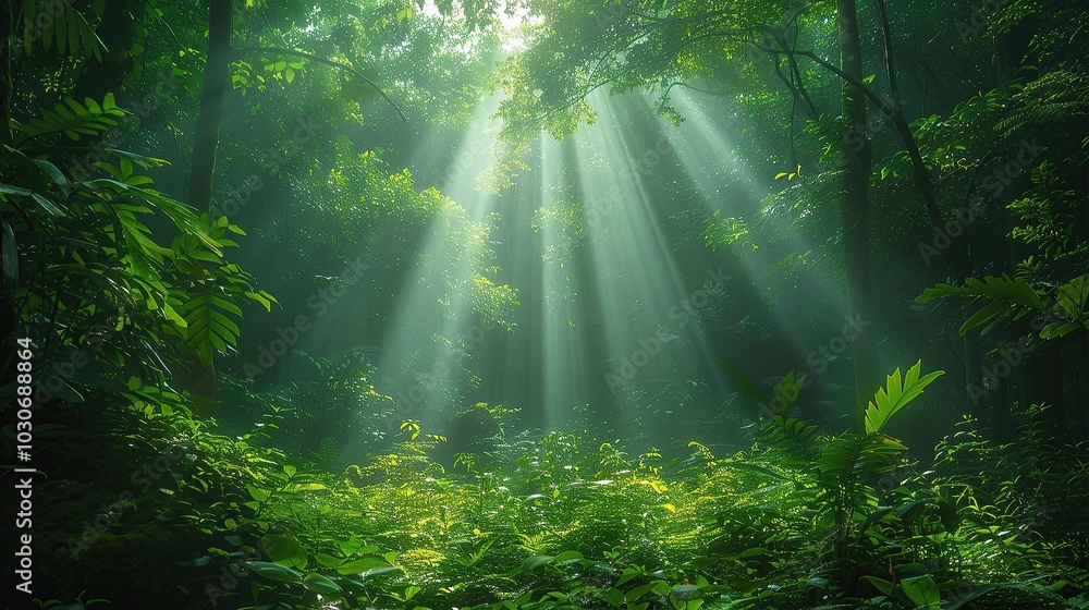 Environmental conservation concept, a lush green forest with sunlight filtering through the trees, emphasizing the necessity of preserving natural habitats for biodiversity. Realistic photo. High Environmental conservation concept, a lush green forest with sunlight filtering through the trees, emphasizing the necessity of preserving natural habitats for biodiversity. Realistic photo. High