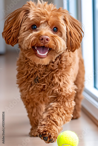 Maltipoo dog runs and jumps around the living room, happily playing with a yellow ball.