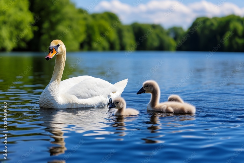 Swan family gliding on a serene lake, with young cygnets swimming between them Swan family gliding on a serene lake, with young cygnets swimming between them
