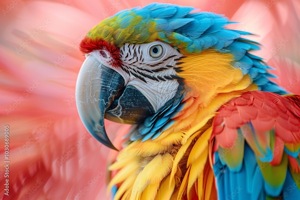 Obraz premium A striking macaw displays its brilliant feathers of blue, yellow, and red while perched. The background is blurred, creating a vivid tropical atmosphere that enhances the bird's colors