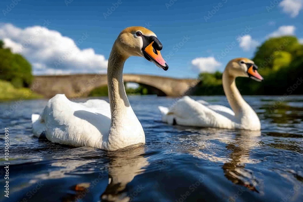 Swans gliding along the River Frome, beneath an old stone bridge Swans gliding along the River Frome, beneath an old stone bridge