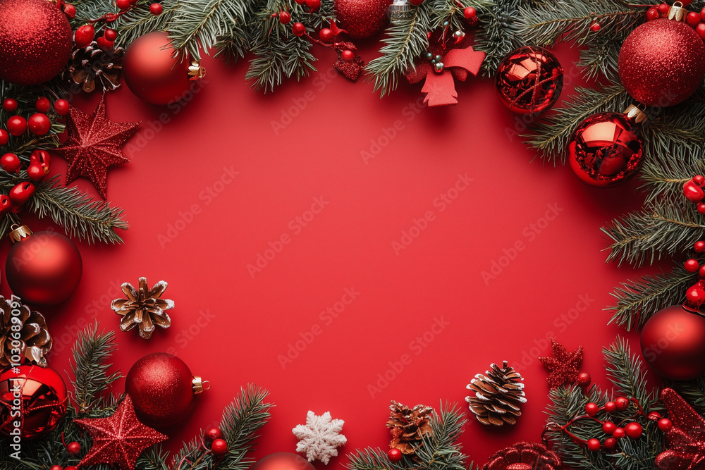 red background with a bunch of red Christmas ornaments. They are arranged in a way that they form a border around the background, creating a festive red background with a bunch of red Christmas ornaments. They are arranged in a way that they form a border around the background, creating a festive