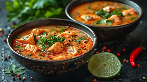 Two Bowls of Spicy Salmon Soup with Herbs, Lime, and Red Pepper, Representing Authentic Thai Cuisine