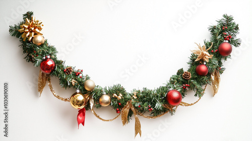 A Christmas wreath with red and gold ornaments