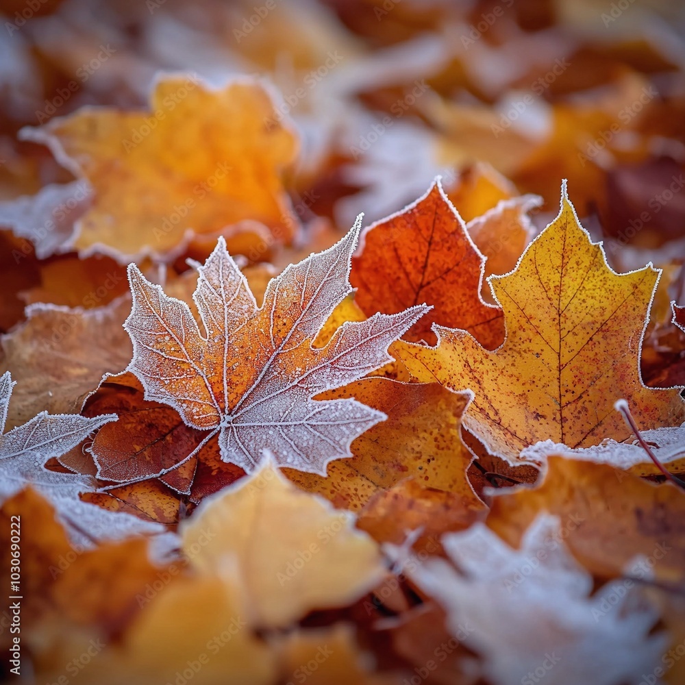 Frost-Covered Autumn Leaves: A Beautiful Morning Scene in Nature Frost-Covered Autumn Leaves: A Beautiful Morning Scene in Nature