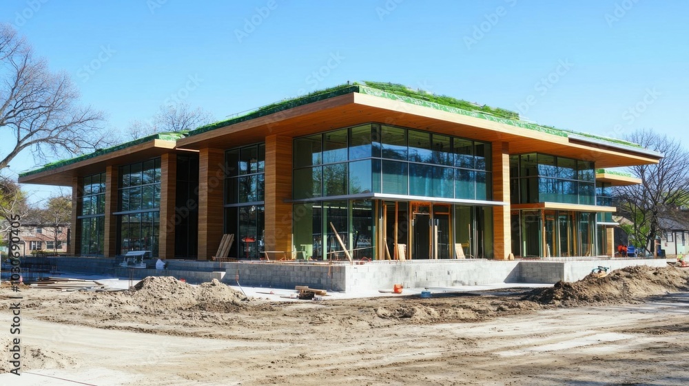 A community center under construction, designed as a modern, ecofriendly building with wide windows and green roofs, located in the heart of a vibrant residential area A community center under construction, designed as a modern, ecofriendly building with wide windows and green roofs, located in the heart of a vibrant residential area