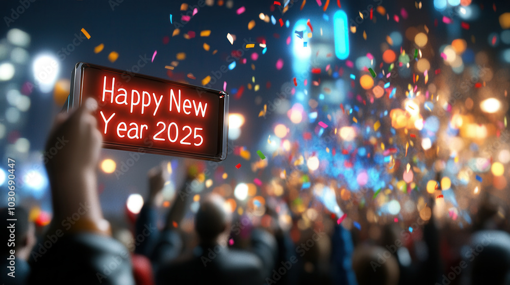 Happy New Year 2025 sign is held up amidst vibrant celebration with colorful confetti falling, creating joyful atmosphere. crowd is cheering, embodying excitement of new year Happy New Year 2025 sign is held up amidst vibrant celebration with colorful confetti falling, creating joyful atmosphere. crowd is cheering, embodying excitement of new year