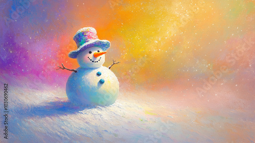 cheerful snowman with colorful hat stands in snowy landscape, radiating joy