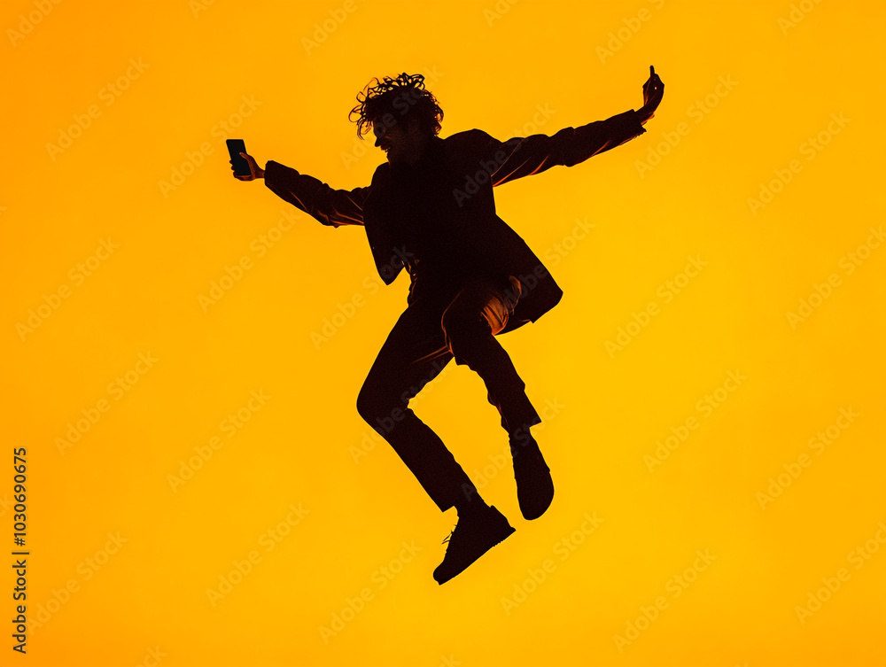 An happy men jumping on an orange background. In a silhouette street fashion outfit. An happy men jumping on an orange background. In a silhouette street fashion outfit.