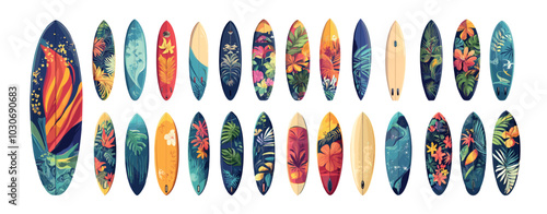 Surfing boards cartoon vector set. Wooden ocean longboard surf board tropical jungle patterns prints, marine sea stuff sport equipment gear illustrations isolated on white background