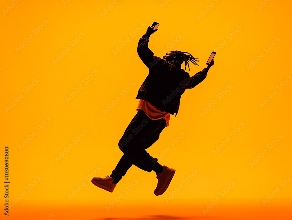 An happy men jumping on an orange background. In a silhouette street fashion outfit. An happy men jumping on an orange background. In a silhouette street fashion outfit.