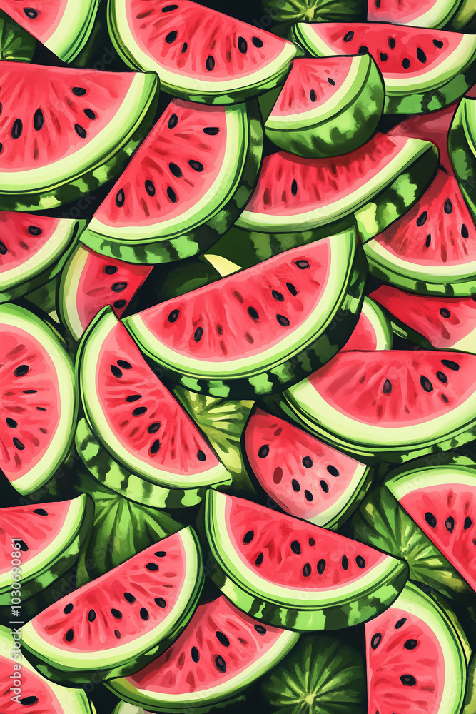Fresh watermelon slices wallpaper design pattern illustration, refreshing seasonal summer concept background. Fresh watermelon slices wallpaper design pattern illustration, refreshing seasonal summer concept background.