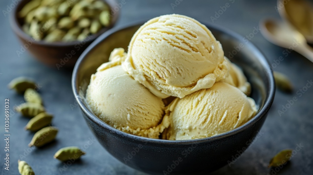 Creamy Cardamom Ice Cream Scoops in a Bowl Creamy Cardamom Ice Cream Scoops in a Bowl