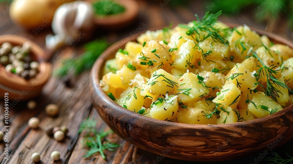 Close-Up Of Potato Salad Garnished With Fresh Dill In Wooden Bowl On Rustic Background Close-Up Of Potato Salad Garnished With Fresh Dill In Wooden Bowl On Rustic Background