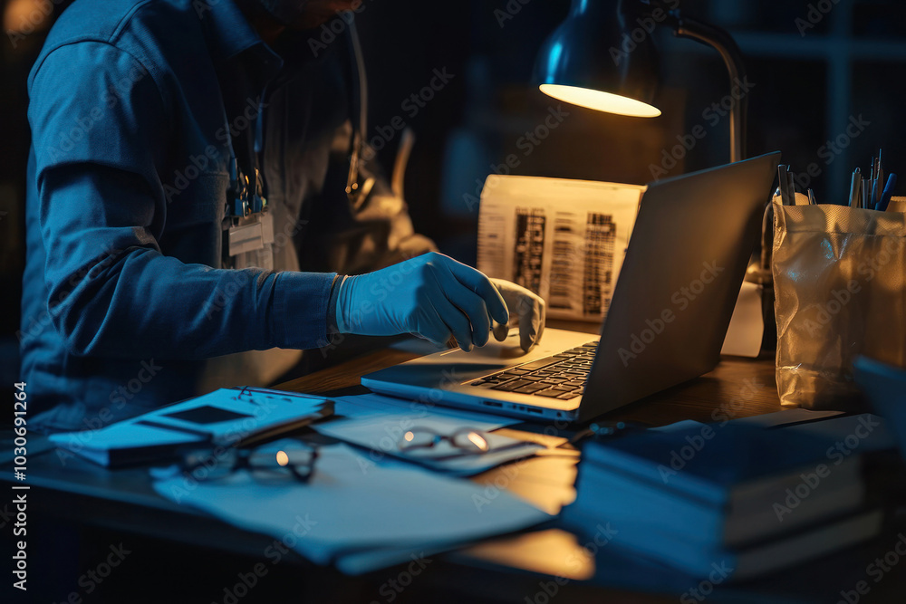 Researcher analyzing documents late at night.