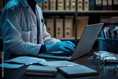 Lab technician focusing on research documentation tasks. photo