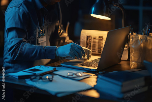 Researcher analyzing documents late at night.