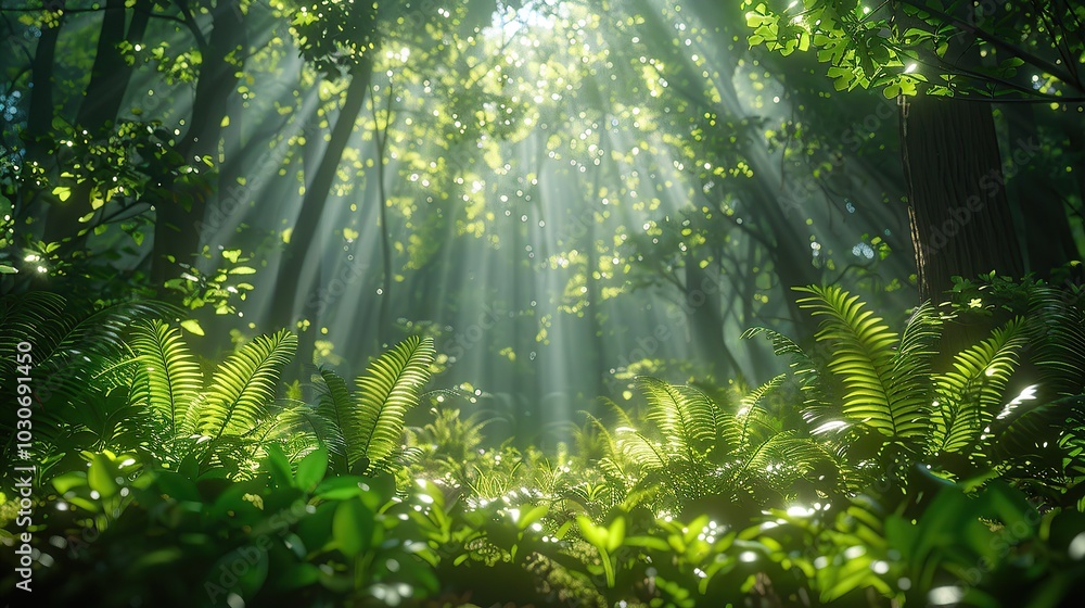 Fototapeta premium Environmental conservation concept, depicting a lush green forest with sunlight filtering through the trees, highlighting the significance of preserving natural habitats for biodiversity. Realistic