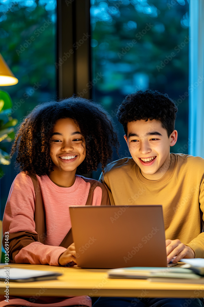 On campus, an African girl and Asian boy work on a laptop together, highlighting their collaborative study efforts. On campus, an African girl and Asian boy work on a laptop together, highlighting their collaborative study efforts.