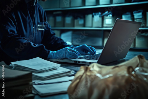 Detective working late at night on a laptop
