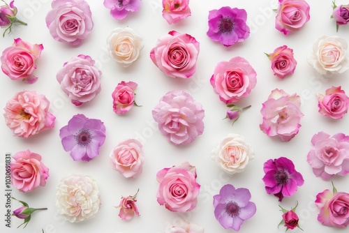 A beautiful pattern of pink and purple flowers on a white background